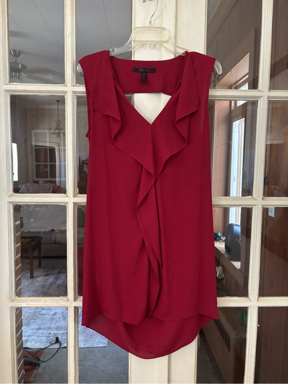 BCBGMaxAzria Sleeveless Ruffle V-Neck Camisole - Burgundy